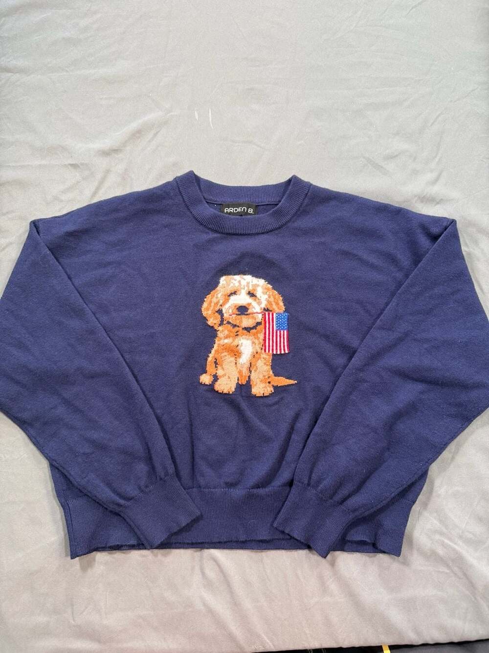 Arden B. Navy Blue Pullover Sweater with Patriotic Dog Graphic